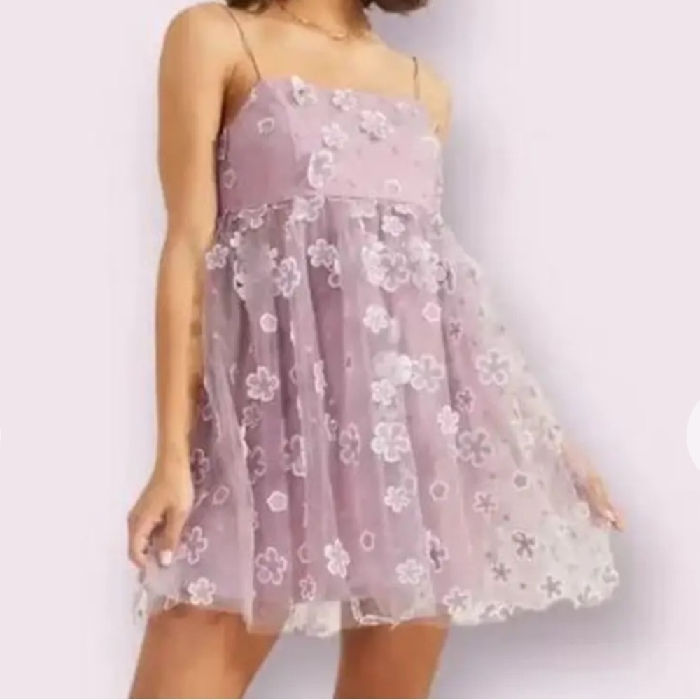 Trixxi Mesh Organza Floral Babydoll Mini Dress Deep Lilac Size Small - Picture 2 of 8
